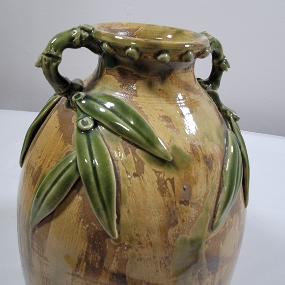 Vintage Handmade Glazed Pottery 8" Tall Earth Tones Bamboo Leaf DetailVase Sign - Picture 5 of 11